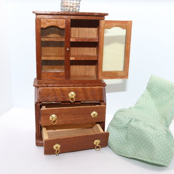 Vintage dollhouse wooden secretary desk set W/basket of eggs & chair cover - Picture 2 of 7